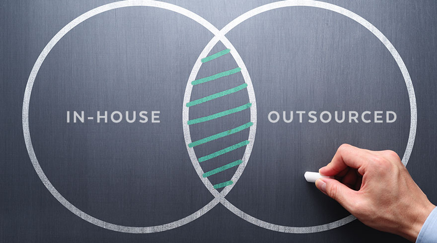 Venn diagram to show differences and similarities of in-house and outsourced marketing