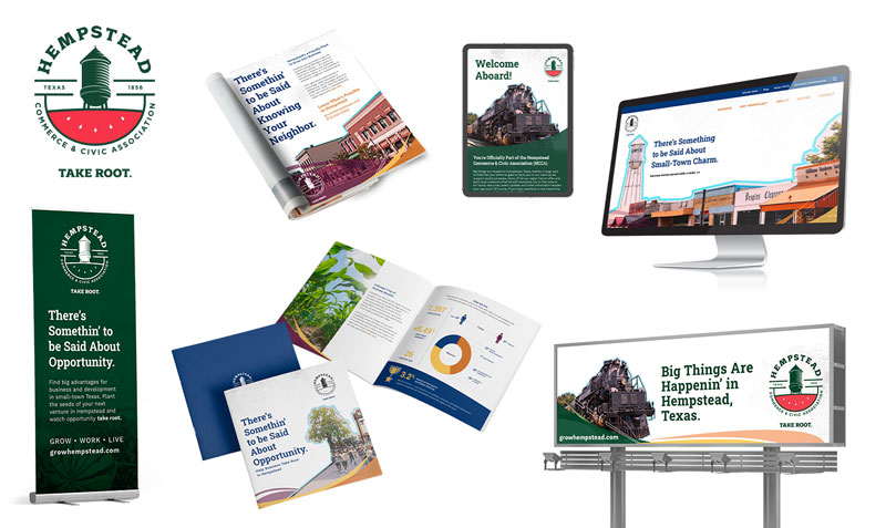 Collection of branded marketing materials for a commerce and civic association.