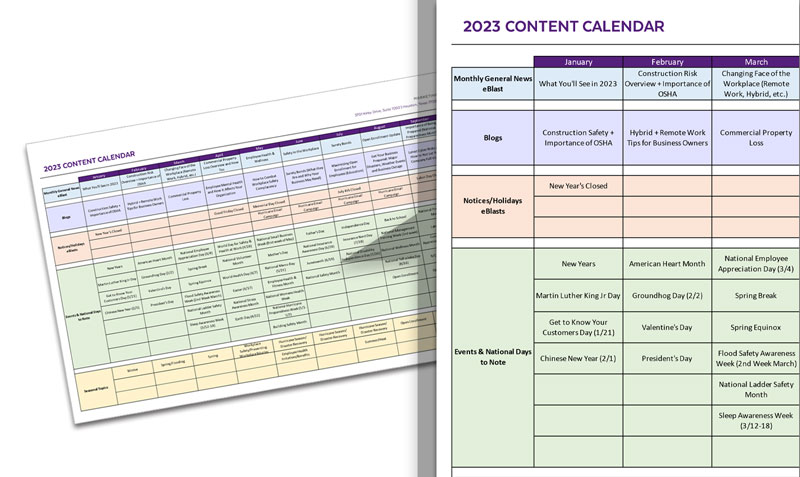 Multicolored content marketing calendar arranged by month and topic.