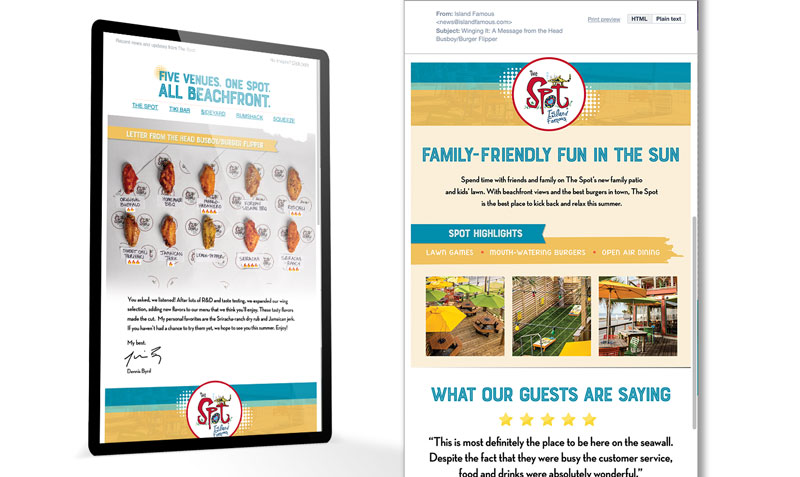 Examples of monthly email marketing for a hospitality group. 