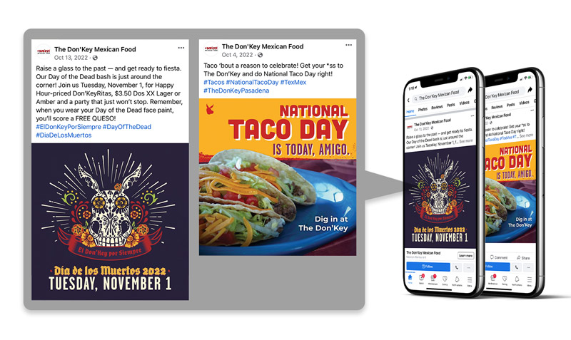 Social media posts promoting Día de los Muertos and National Taco Day.