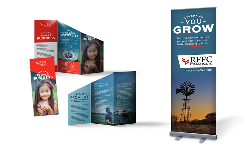 Collage of designed print materials, including a trifold brochure and pop-up banner. 