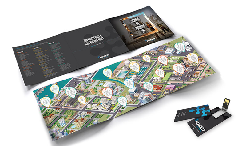 Collage of designed print materials, including a brochure and flat USB cards.