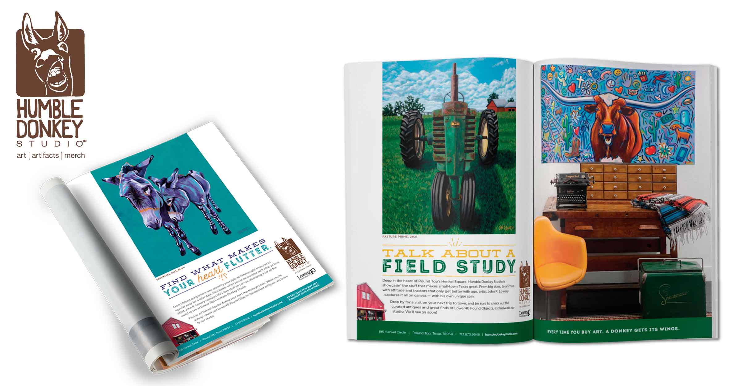 Magazine spread art marketing examples for Round Top’s Humble Donkey