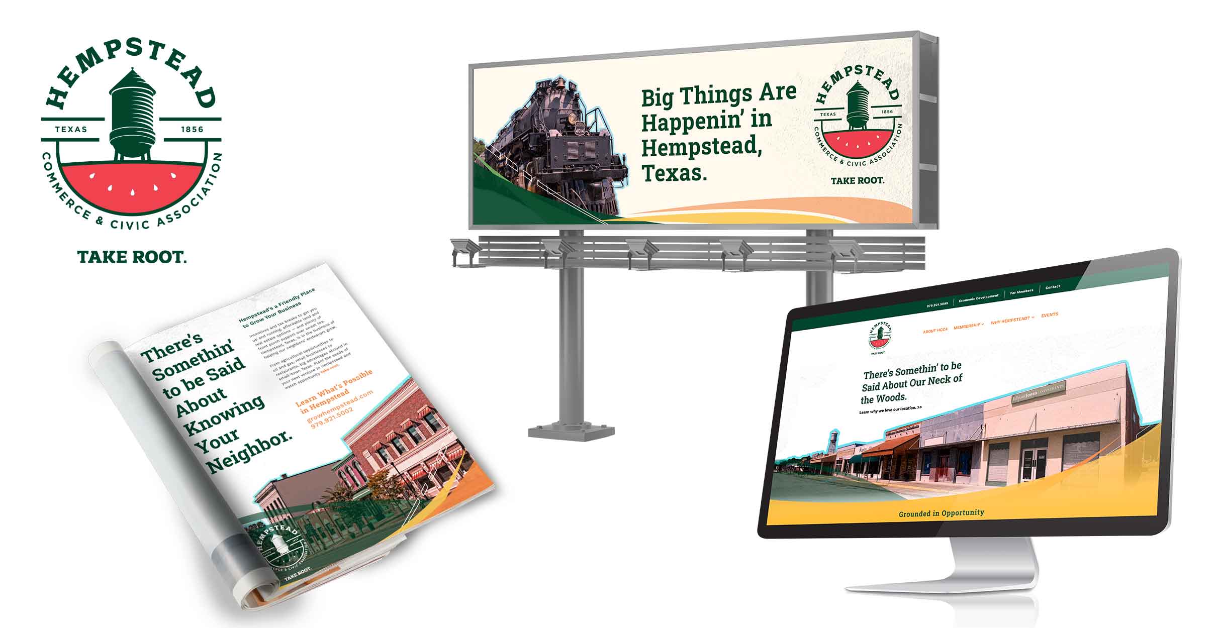 Magazine ad, billboard and website nonprofit marketing examples for the Hempstead Commerce & Civic Association