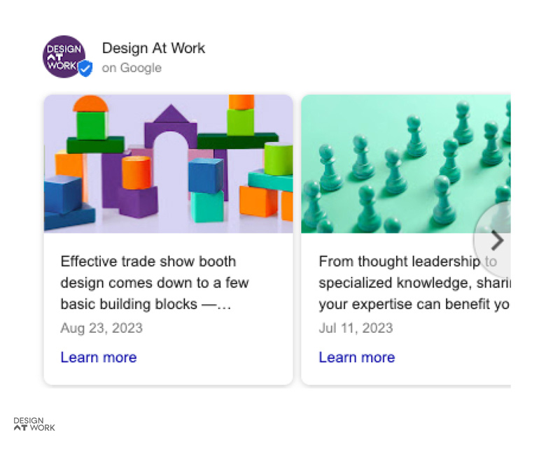 Screenshot of blog posts shared on Design At Work’s Google Business Profile.