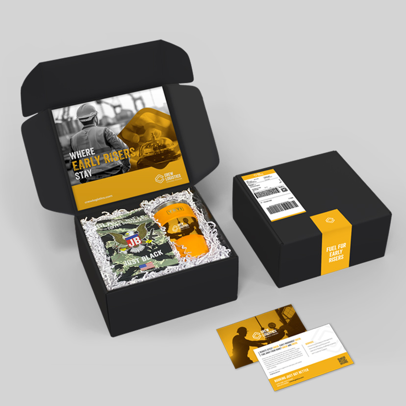 An example of a 3D mailer with coffee and branded mug created for the Crew Logistics campaign.