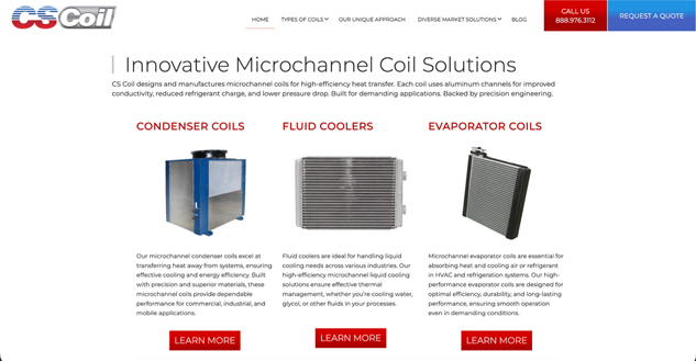 CS Coil page displaying condenser coils, fluid coolers and evaporator coils in three product categories