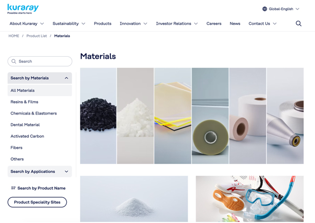 Kuraray materials page with search options by material, application and product name