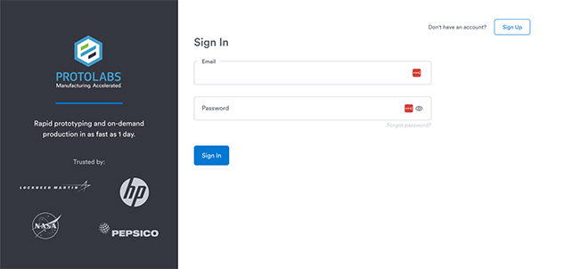 Protolabs customer portal login page with a sign-in form, registration button and customer logos