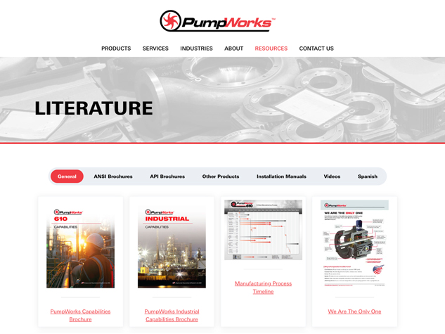 PumpWorks literature page with ANSI and API brochures, installation manuals, videos and Spanish resources