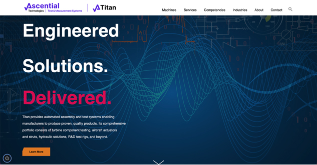 Titan homepage with engineering graphics, service navigation and the message Engineered Solutions Delivered
