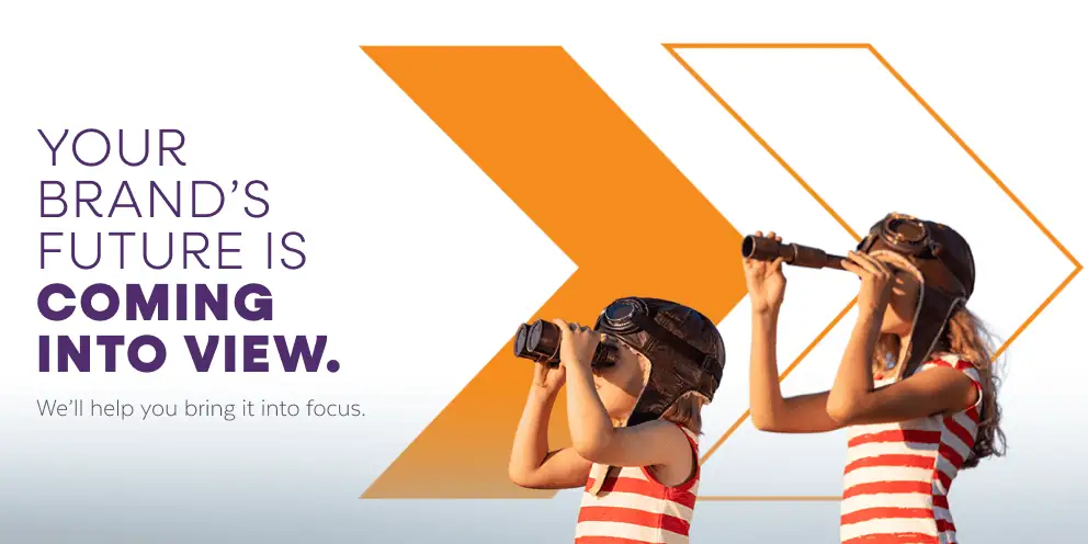 Branding agency banner of girls looking through binoculars, wearing aviator's hats