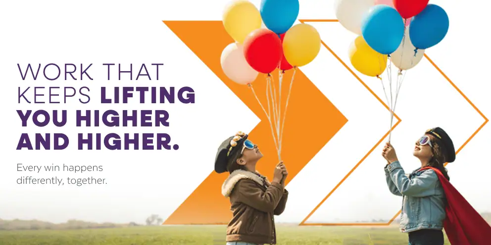 marketing portfolio banner with kids dressed up holding balloons outside