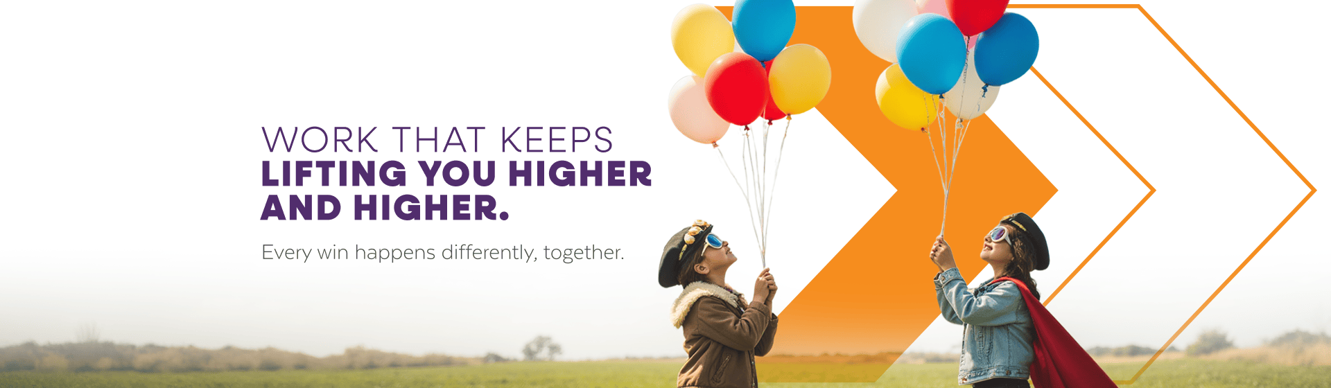 marketing portfolio banner with kids dressed up holding balloons outside